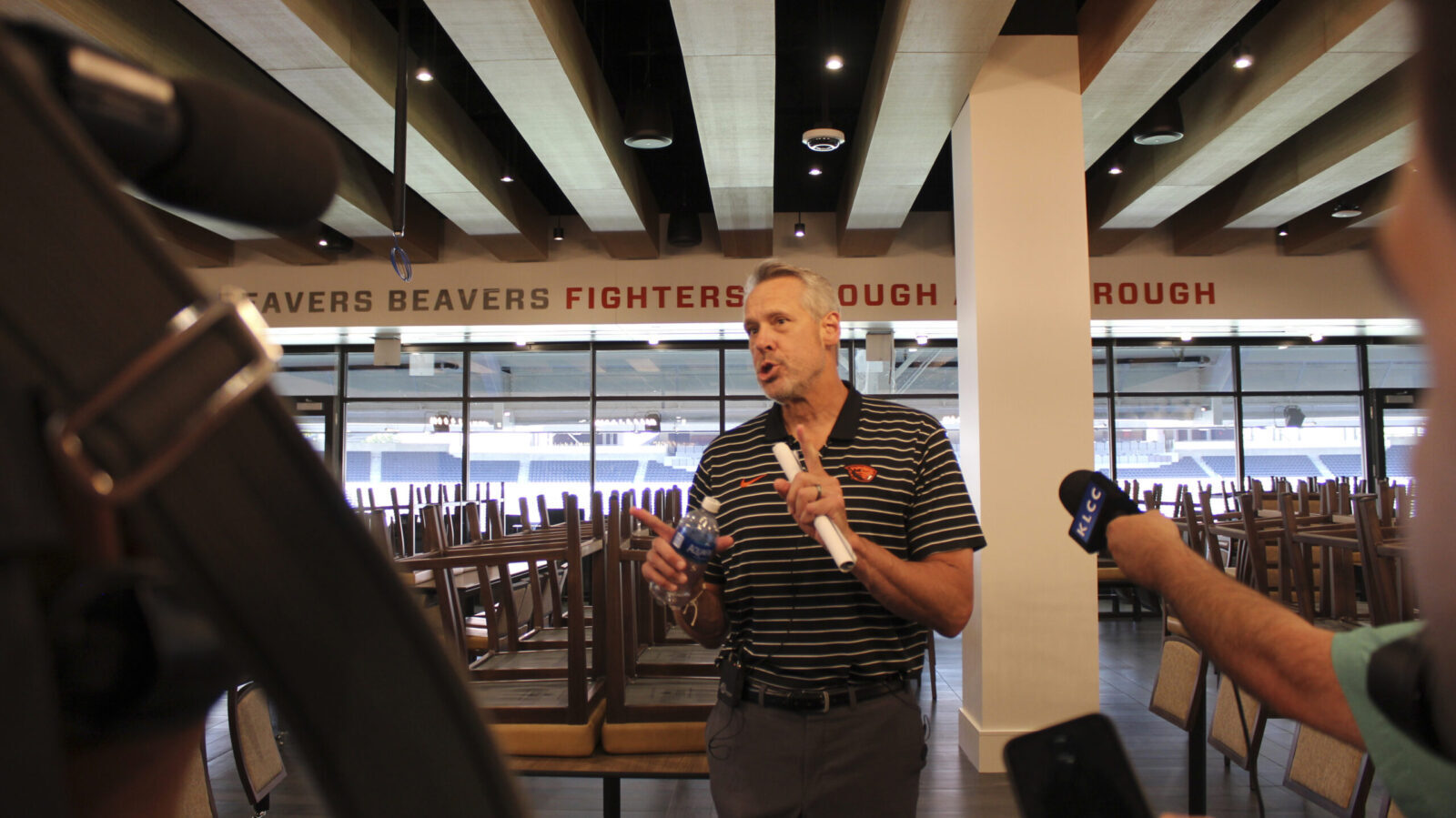 Oregon State athletic director Scott Barnes speaks inside one of the premium spaces inside renovate...