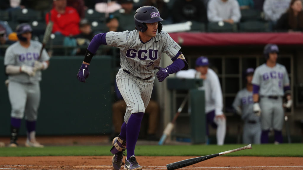 Grand Canyon infielder Jacob Wilson (2) runs to first base during a College Baseball game between t...