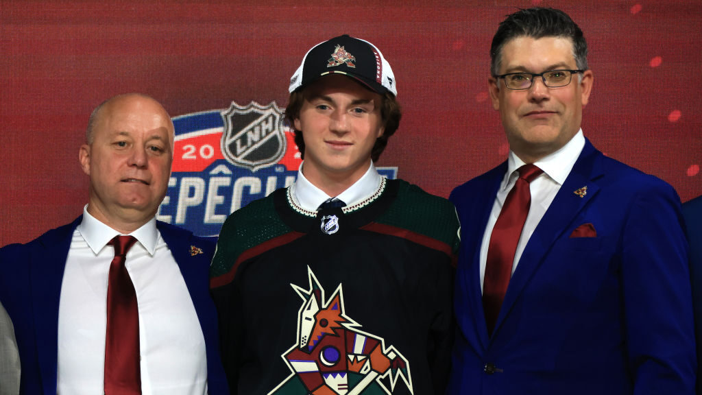 Logan Cooley is drafted by the Arizona Coyotes during Round One of the 2022 Upper Deck NHL Draft at...