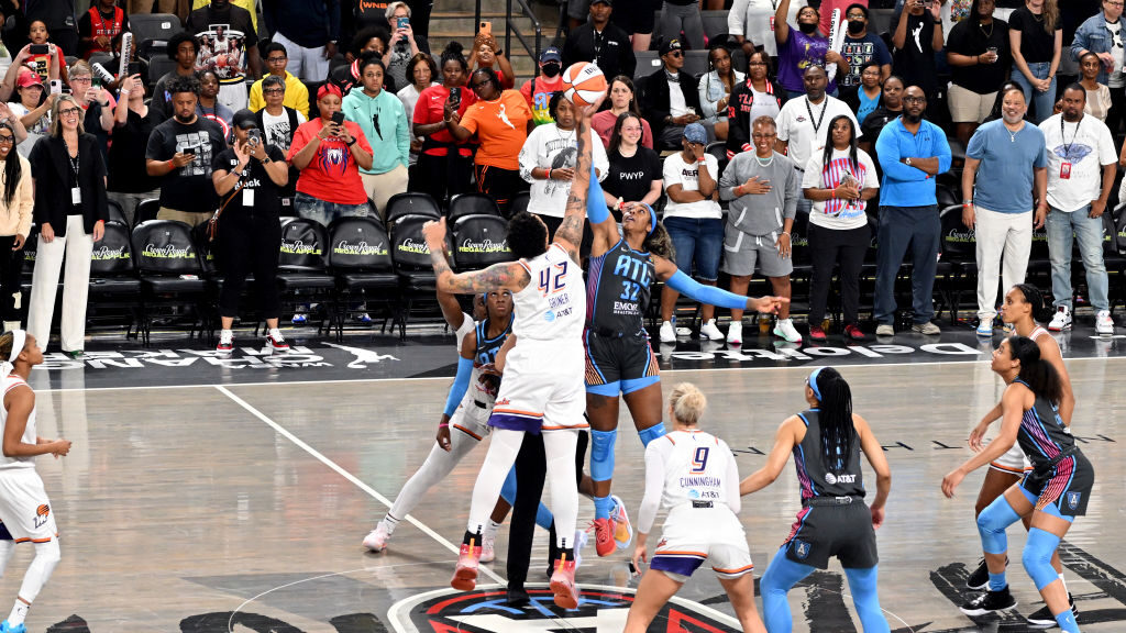 The opening tip off before the game between the Phoenix Mercury and the Atlanta Dream at Gateway Ce...
