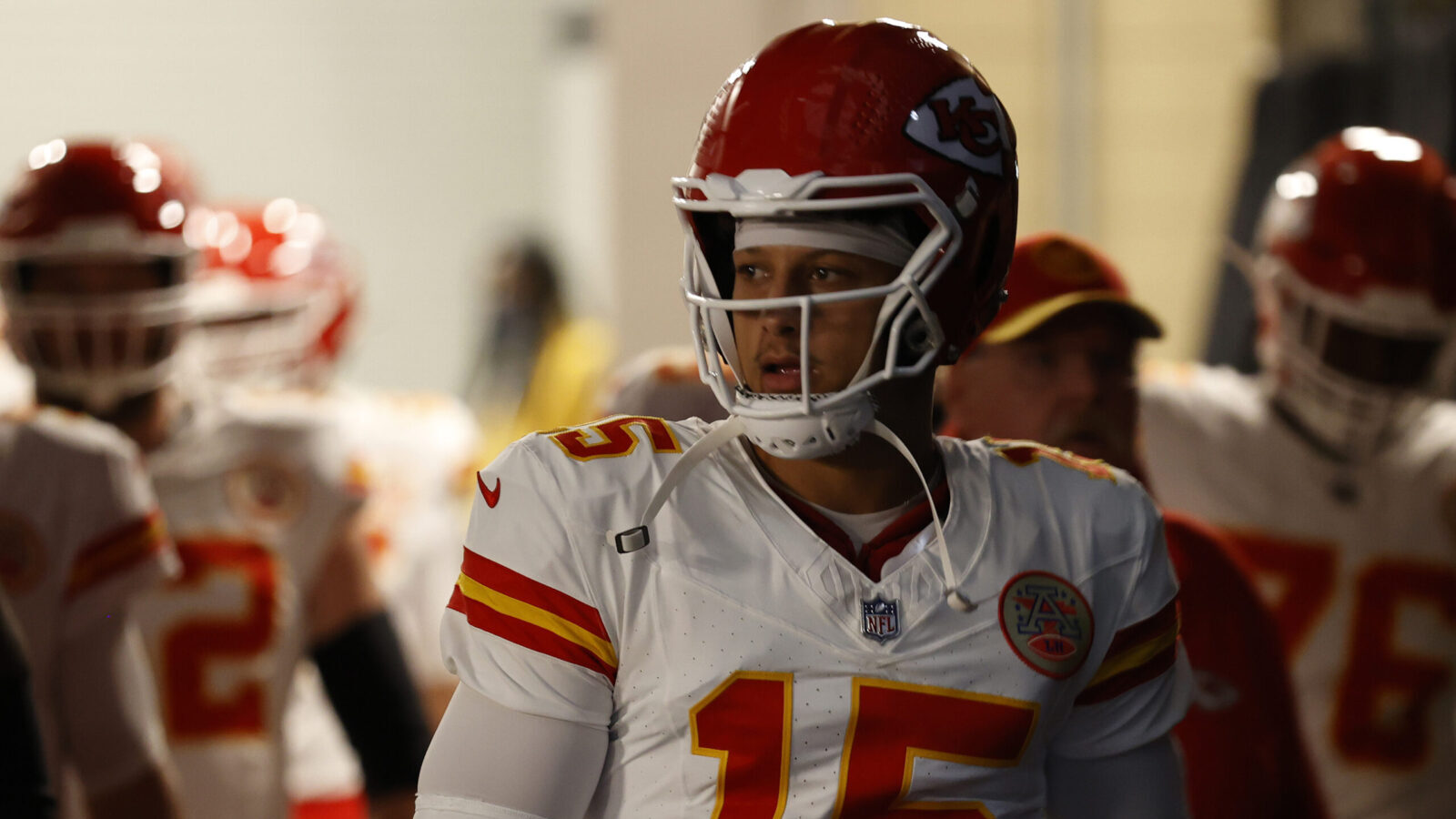 Patrick Mahomes #15 of the Kansas City Chiefs prepares to play a preseason game against the New Orl...
