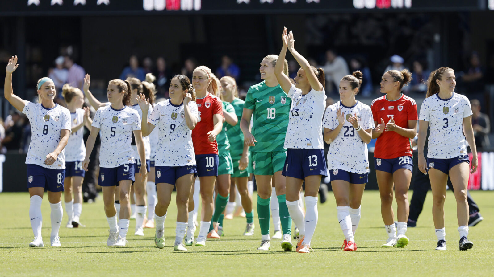 The United States team celebrates a win against Wales during a FIFA Women's World Cup send-off socc...