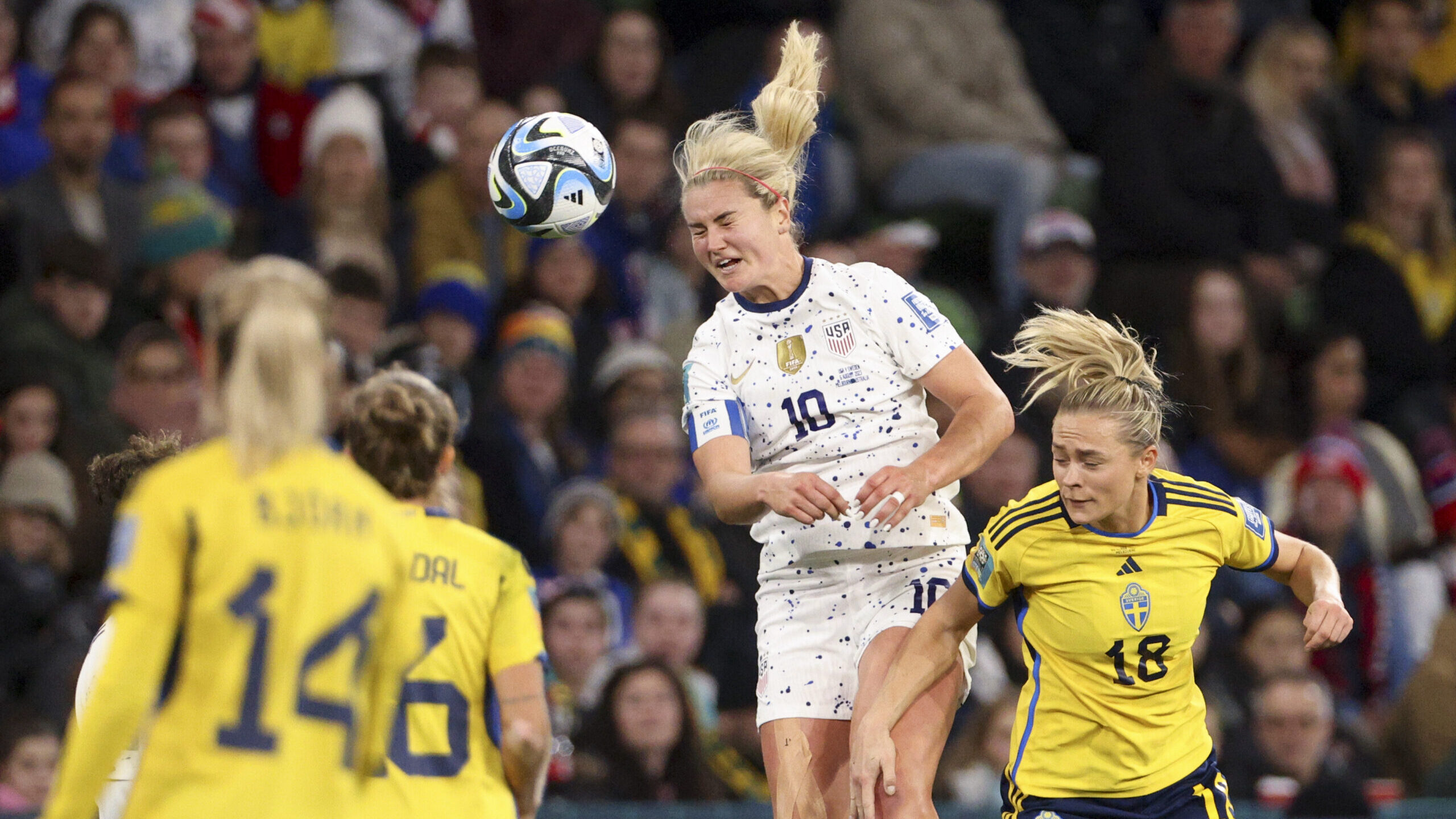 United States' Lindsey Horan heads the ball during the Women's World Cup round of 16 soccer match b...